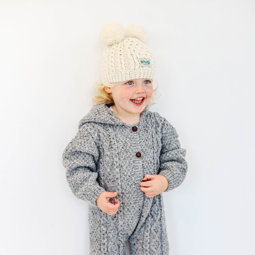Hand Knitted Honeycomb Baby Hat in Pure Merino Wool with Double Pom Pom - 100% soft Donegal merino wool