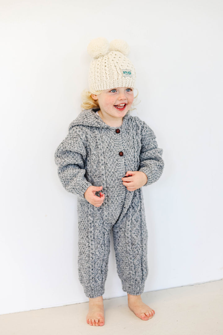 All-in-One Aran Knitted Romper in Pure Merino Wool With Hood - Hand Knitted in 100% Finest Italian Seisa Merino