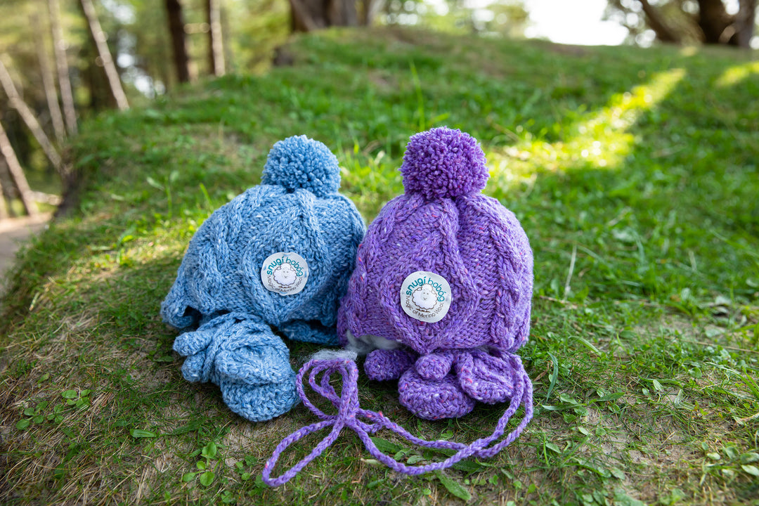 Hand-Knitted Aran Merino Wool Baby’s Bobble Hat and Mittens Set - 100% soft Donegal merino wool