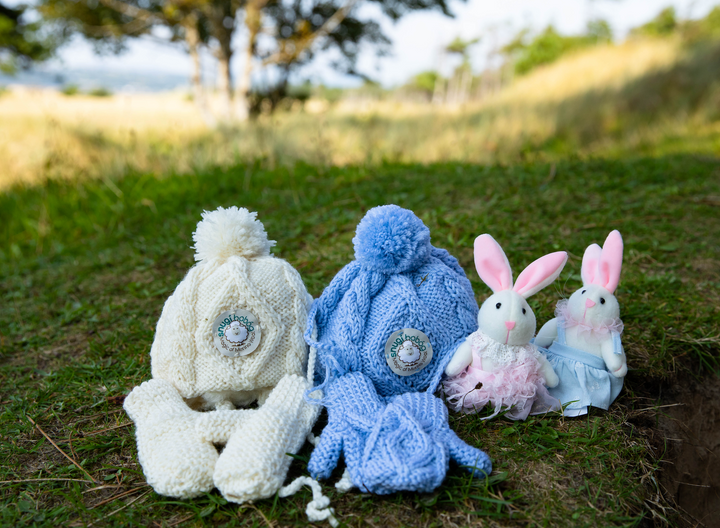 Hand-Knitted Italian Merino Wool Baby’s Bobble Hat and Mittens Set -