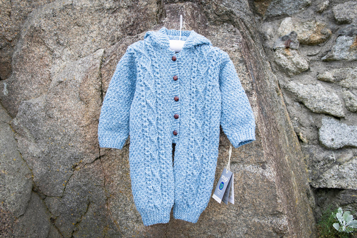 All-in-One Aran Knitted Romper in Pure Merino Wool With Hood - Hand Knitted in 100% Finest Italian Seisa Merino