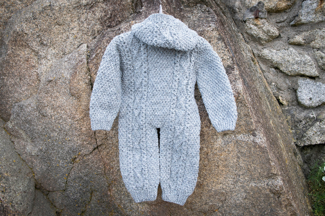 All-in-One Aran Knitted Romper in Pure Merino Wool With Hood - Hand Knitted in 100% Finest Italian Seisa Merino