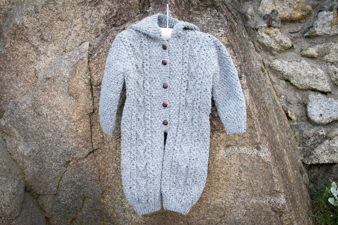 All-in-One Aran Knitted Romper in Pure Merino Wool With Hood - Hand Knitted in 100% Finest Italian Seisa Merino