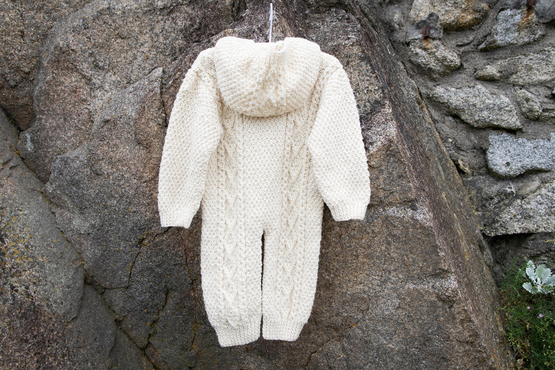 All-in-One Aran Knitted Romper in Pure Merino Wool With Hood - Artisan Knitted in 100% Pure Merino
