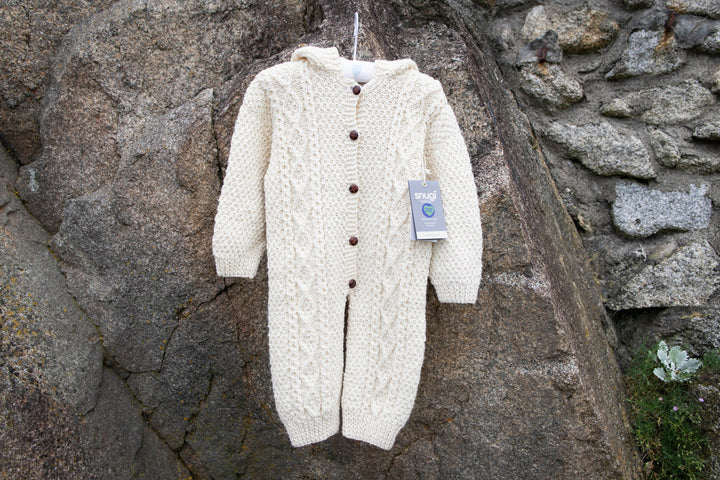 All-in-One Aran Knitted Romper in Pure Merino Wool With Hood - Hand Knitted in 100% Finest Italian Seisa Merino