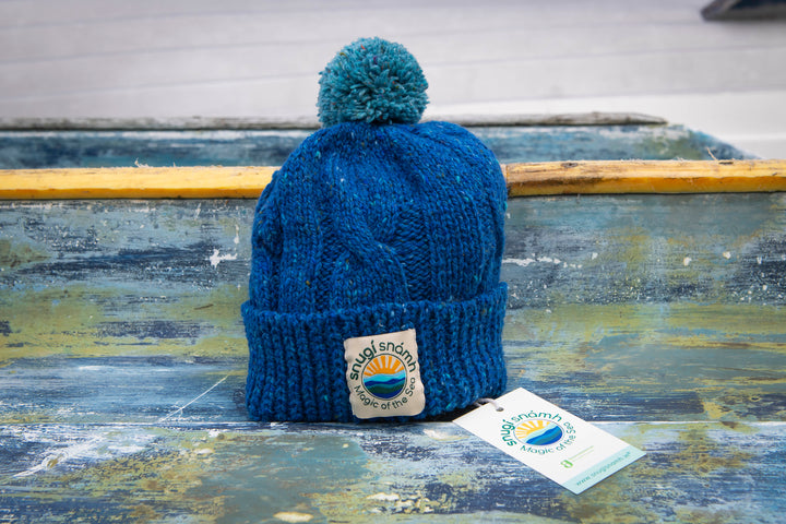 Unisex Aran Knitted Bobble Hat in Pure ‘Kilcarra Tweed’ Wool with Contrast Pom Pom